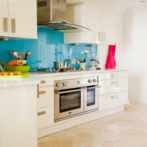 bright blue kitchen backsplash