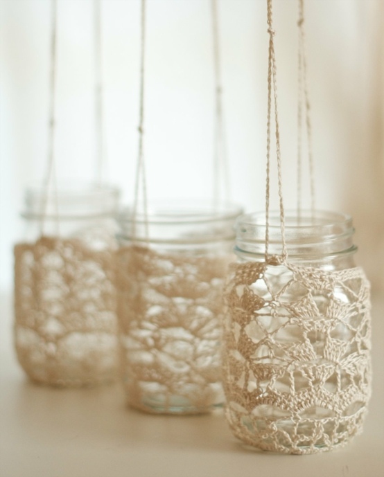 Crochet decoration as an example work jars covered in delicate diy knit