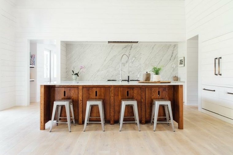 kitchen white marble wood island design stools