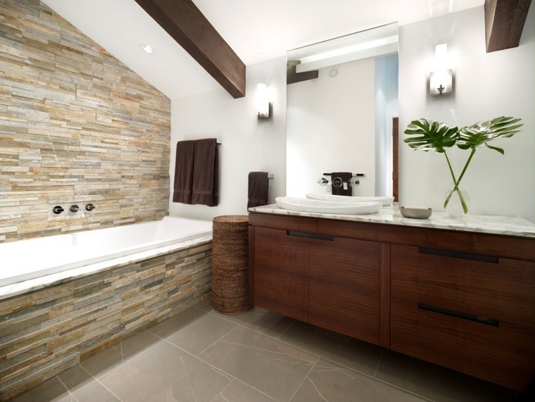 bathroom design bathtub stone furniture wood deco plant mirror idea