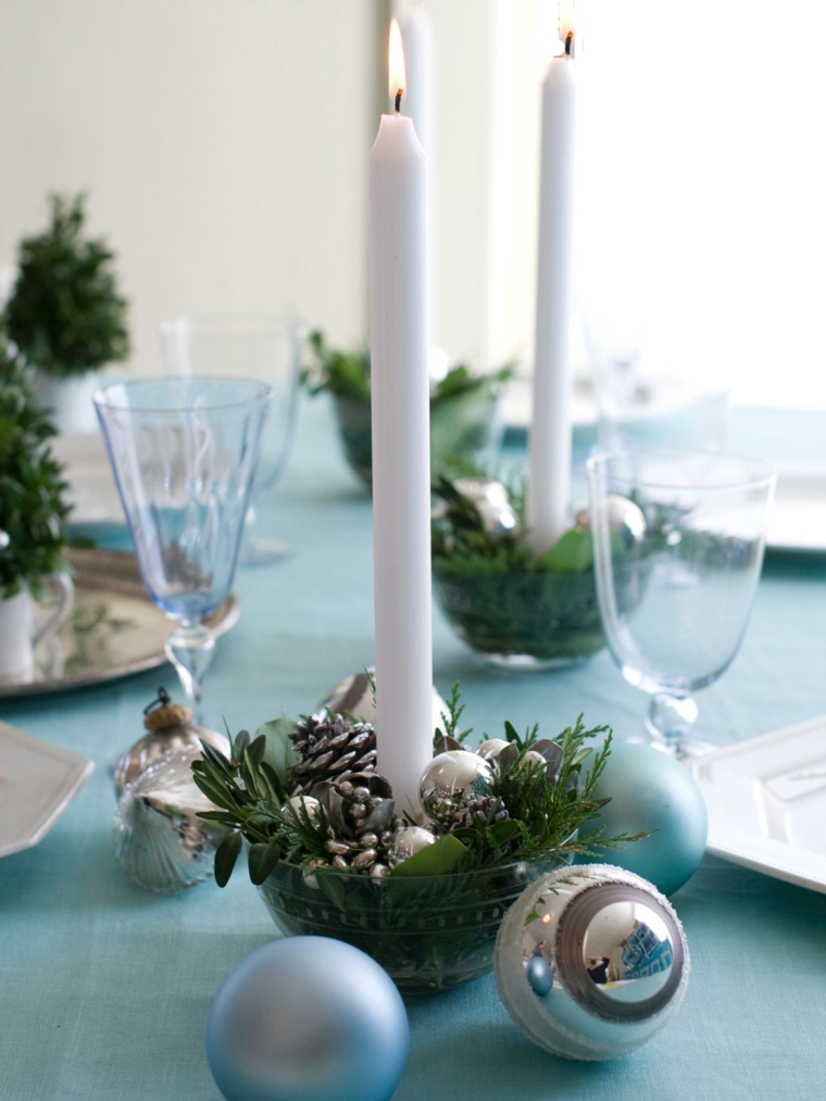 Table decorating idea for Christmas white candle ball pinecones