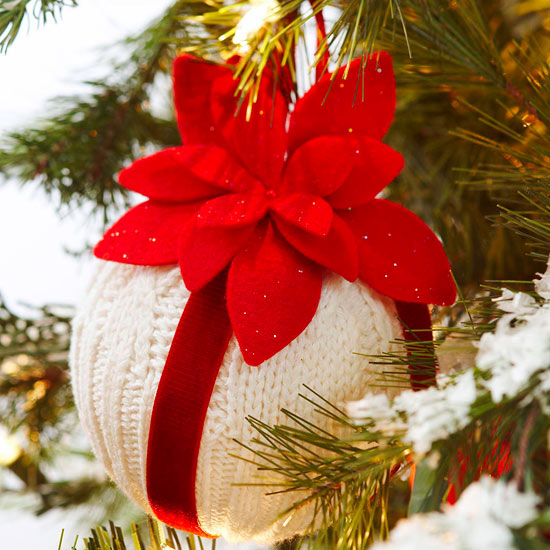 white crochet christmas ball red ribbon