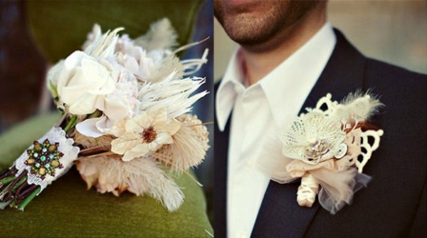 bröllop boutonniere fjädrar