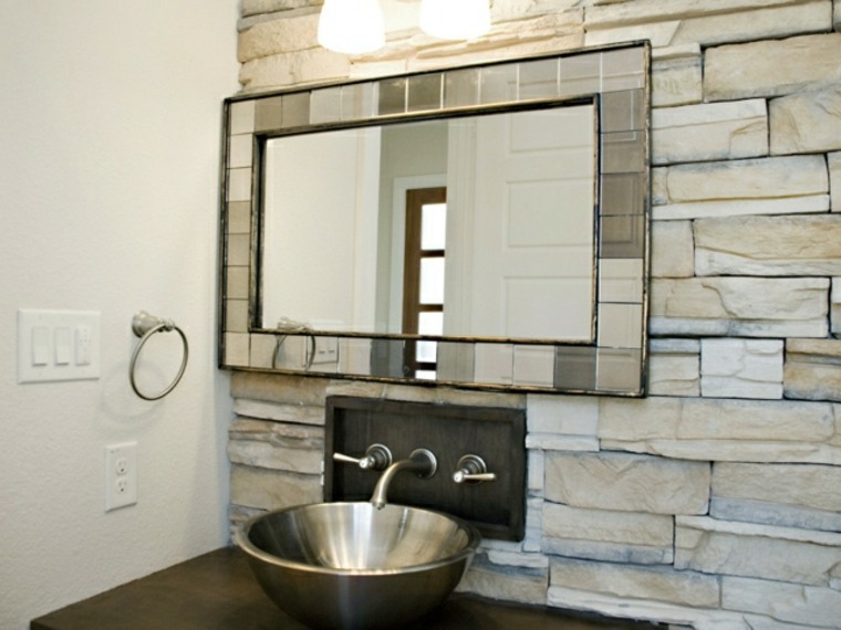 bathroom briquette stone wall mirror sink steel design