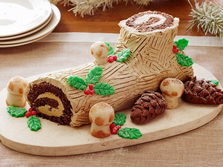 christmas log decoration idea figurines sugars pinecones