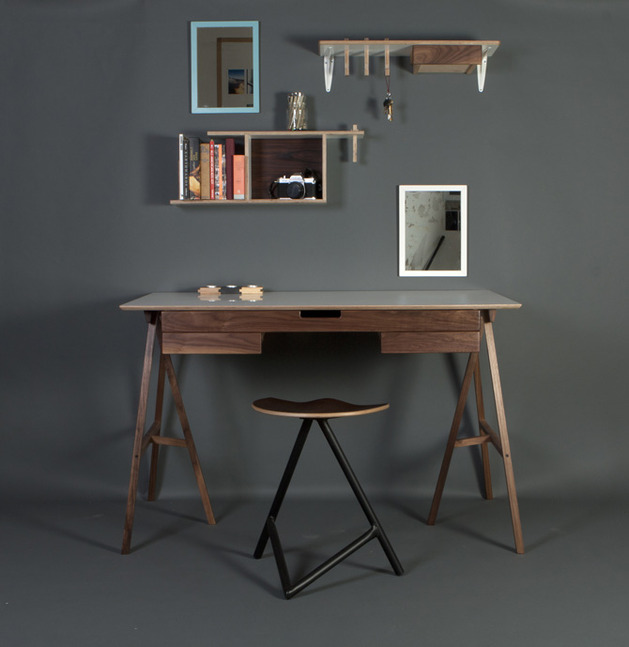 desk on trestle wood design wall gray