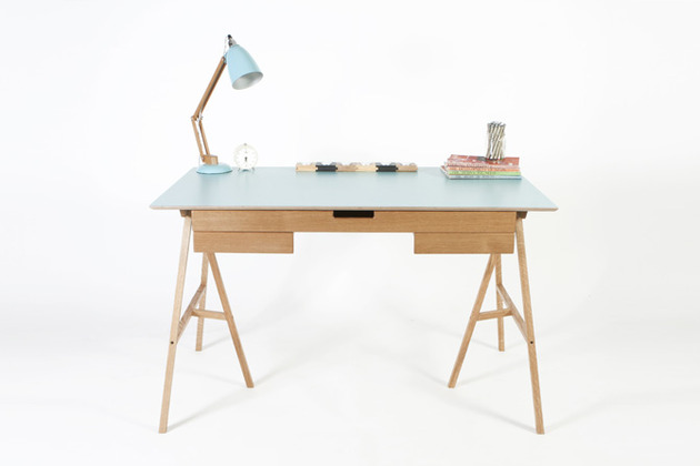 desk on trestle wood tray blue lamp