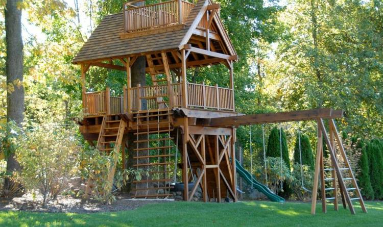 wooden cabin for children swings