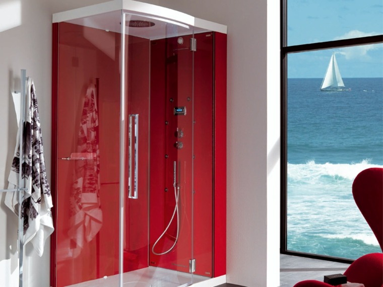arrange bathroom red color Italian shower cubicle