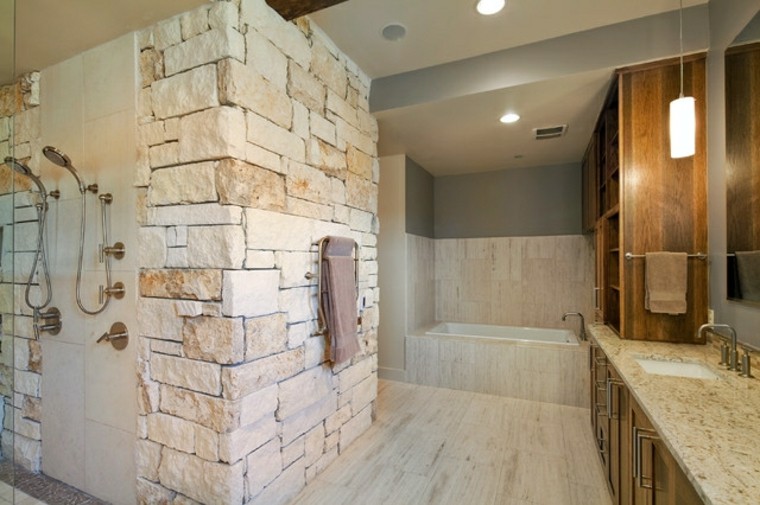 bathroom stone shower cabin design parquet wood fixture suspension