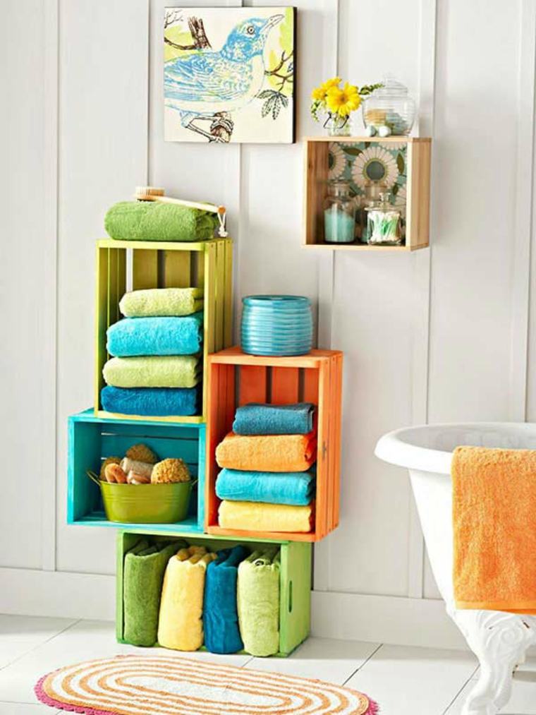 painted crates for bathroom storage