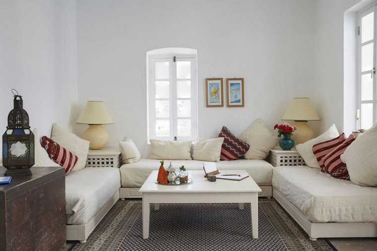 Moroccan interior living room floor mats white sofa white low table