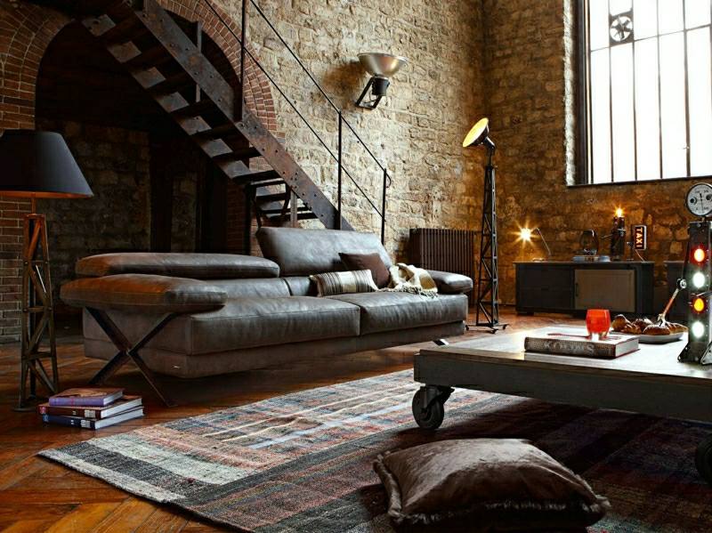 industriell design sofa mørkegrå skinnbord avtagbar rulle lampe design