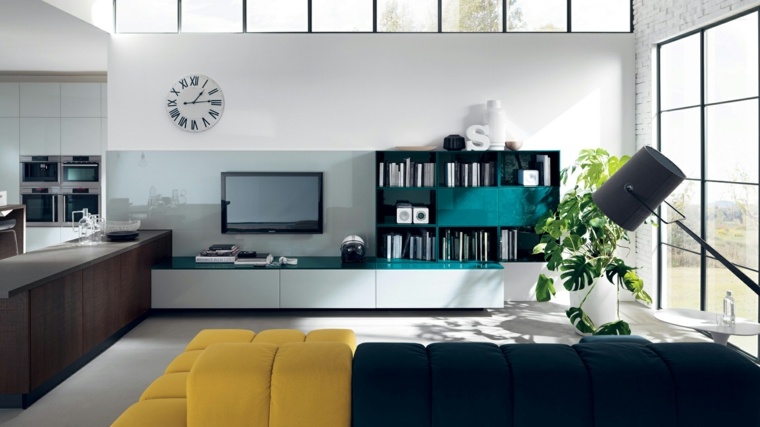 space design living room idea shelves wood watch wall sofa