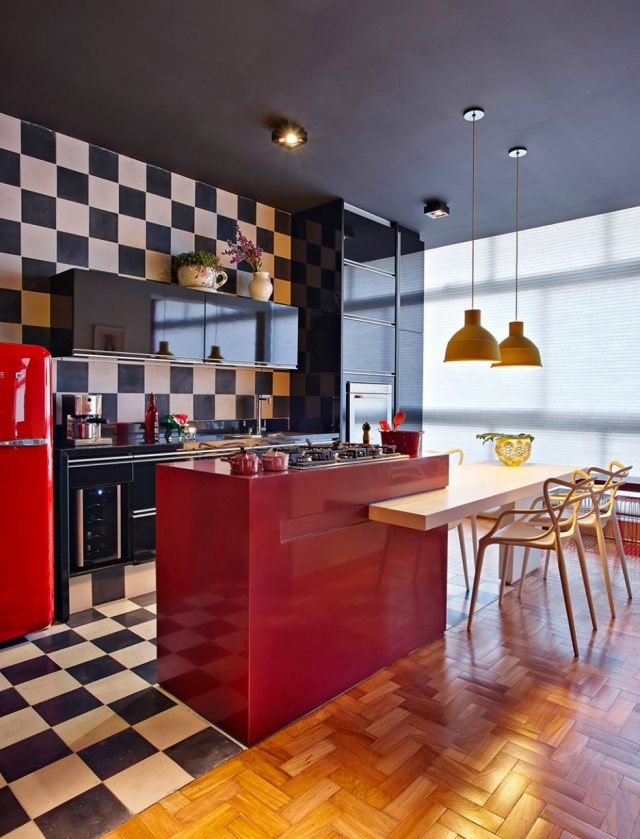 tiled kitchen-black-white-island-red-black-cabinets
