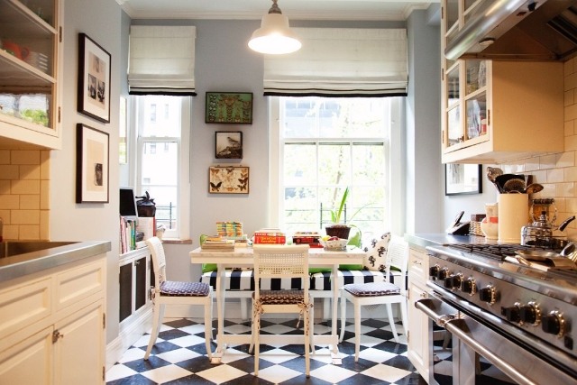 kitchen tile-black-white-kitchen-cabinets-white-table-chairs kitchen tile