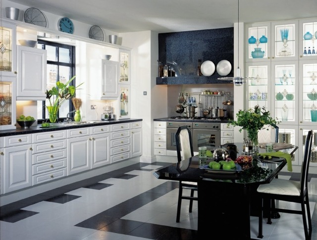 kitchen tiles-black-white-kitchen cabinets-white-table-black kitchen tiles