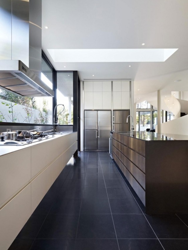tile kitchen-black-mat-island-wood-cabinets-white-metal-accents