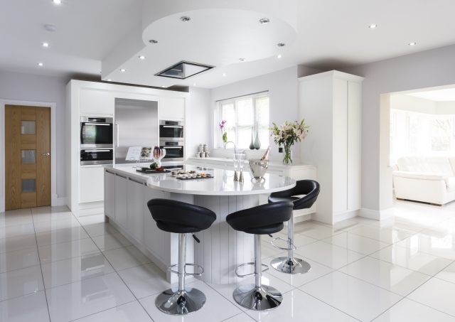 tiled kitchen-pilot-white-chairs-bar-black-spots-LED-recessed