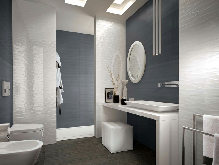 bathroom tile idea gray white mirror shower cubicle shower stool white