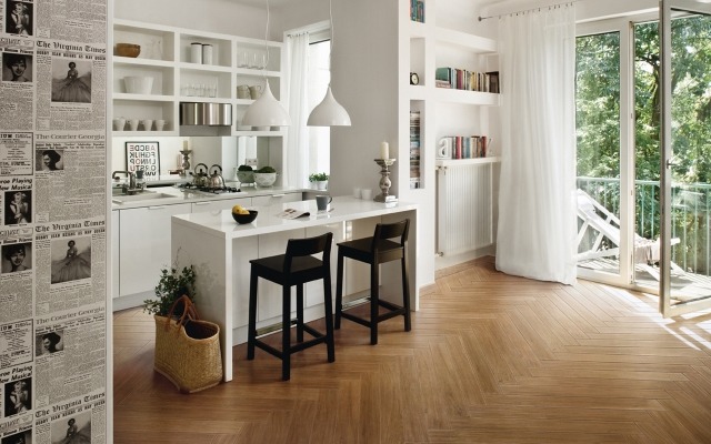 imitation tile-flooring-beige-kitchen-white-chairs-bar black