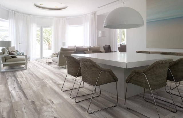 tiling-imitation-parquet-gray-table-white-chairs-elegant imitation floor tiles parquet
