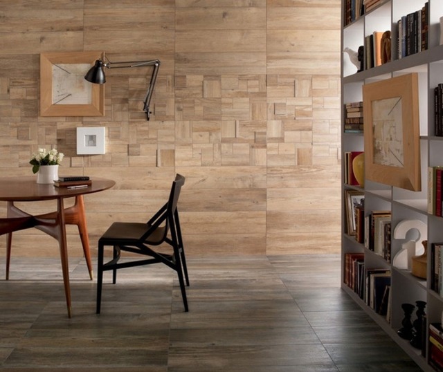 tiling-imitation-parquet-dining-room-table-wood-round-chairs-black tile imitation parquet