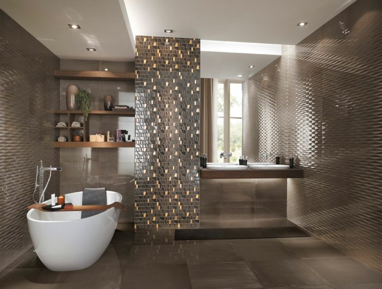 idea tile bathroom luxury design tile dark gray bathtub shelves wood storage bathroom