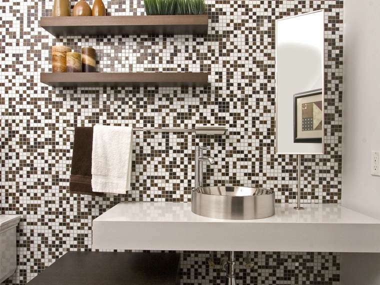 black and white tiling trend bathroom shelves wood