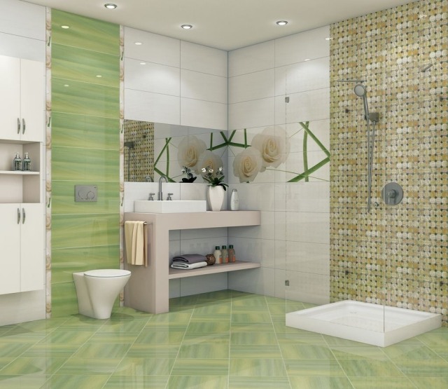 tile-bathroom-mosaic-mural-beige-white-green-light-roses bathroom tile