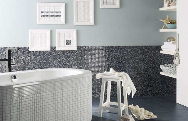 tile-bathroom-mosaic-wall-dark-gray-white-bathtub-white tile bathroom