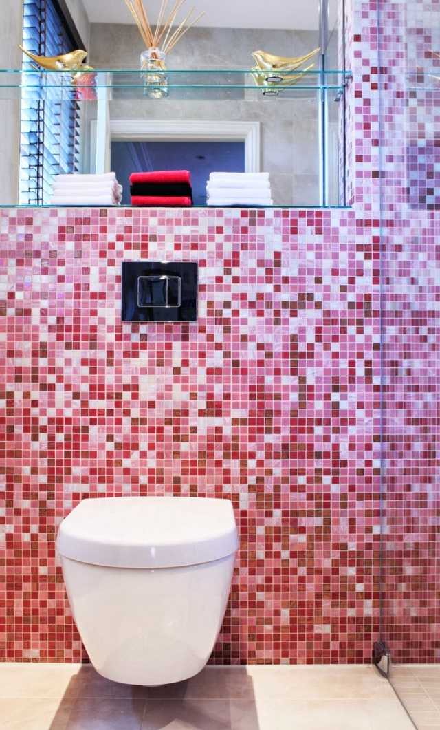 tile-bathroom-mosaic-mural-pink-white-bowl-hanging-white tiles bathroom