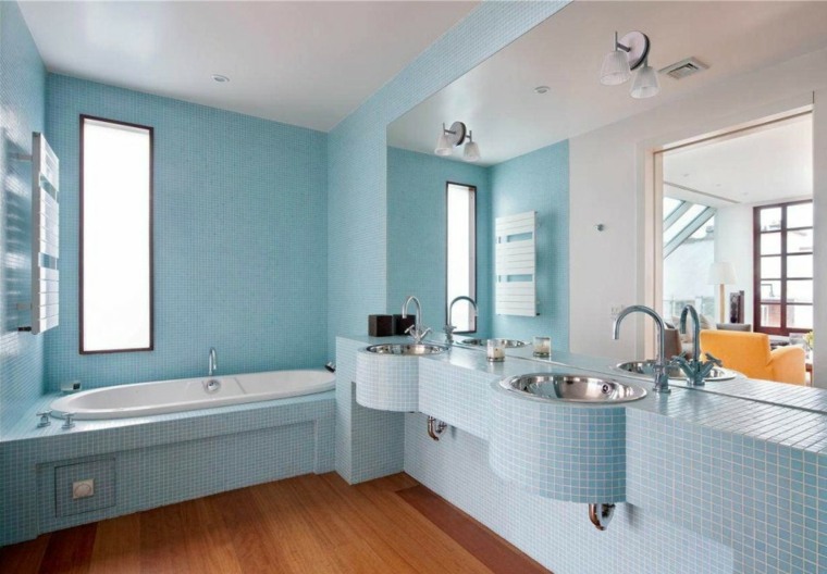 trendy blue tile bathtub idea mirror
