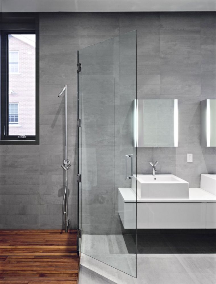 tiles bathroom gray shower parquet wood