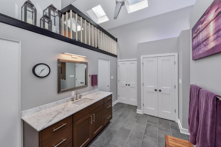 gray bathroom tile and wood deco contemporary design