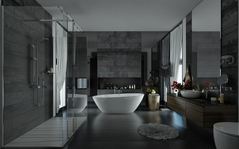 gray bathroom tile and wood interior fittings