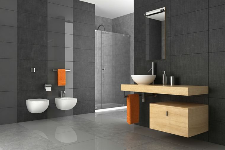 gray bathroom tile and wood modern style decoration