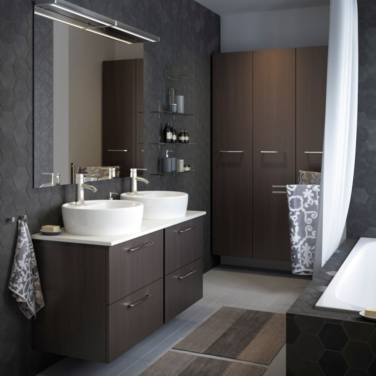 gray bathroom tile and wood deco ikea furniture