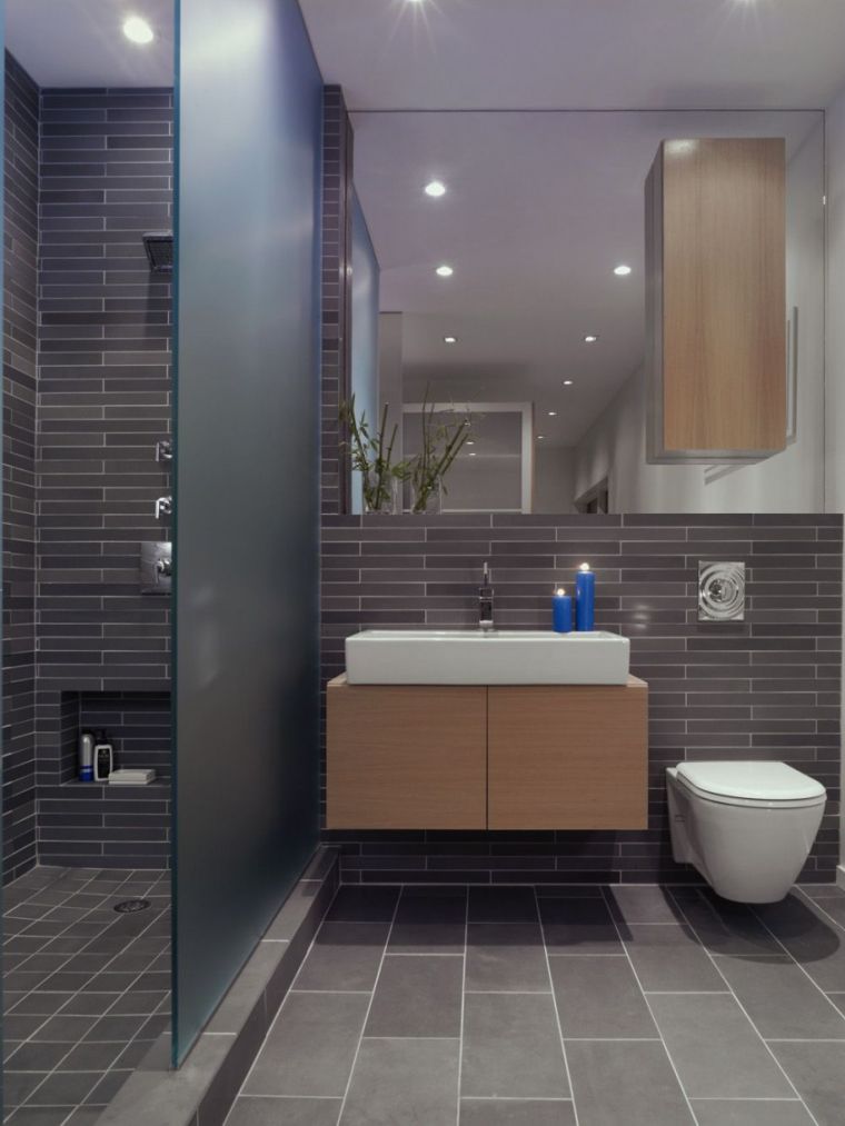 gray bathroom tile and modern vanity wood wall-hung washbasin