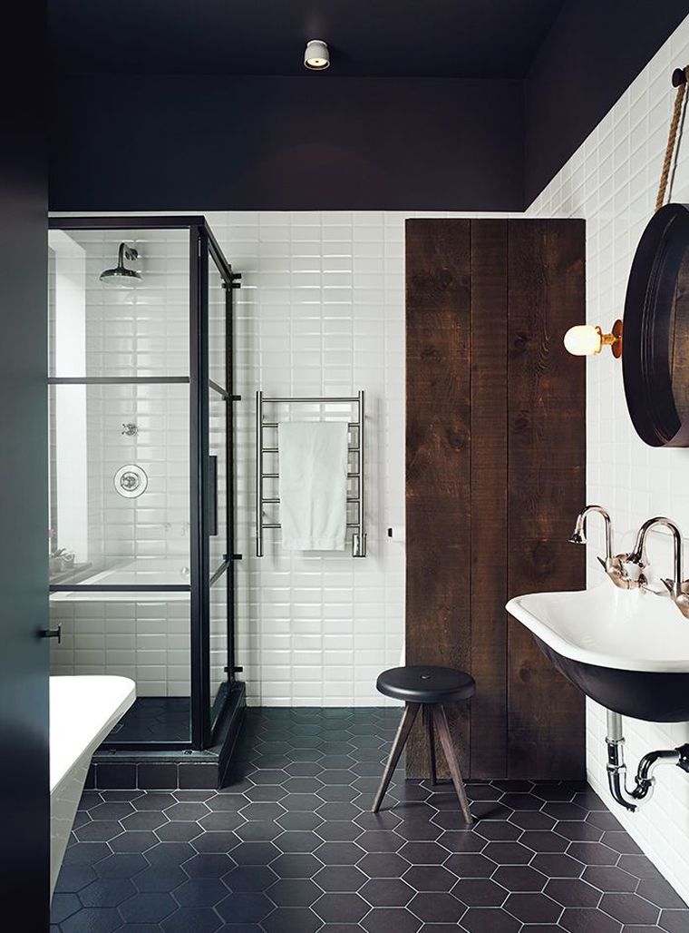 gray bathroom tile and modern wood