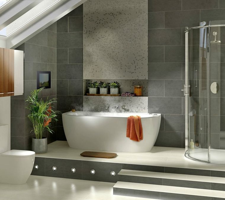 gray bathroom tile and wood mosaic wall modern bathtub