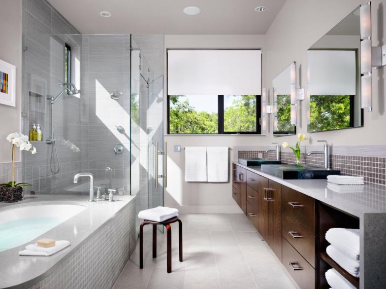 gray bathroom tile and wood furniture modern worktop stone