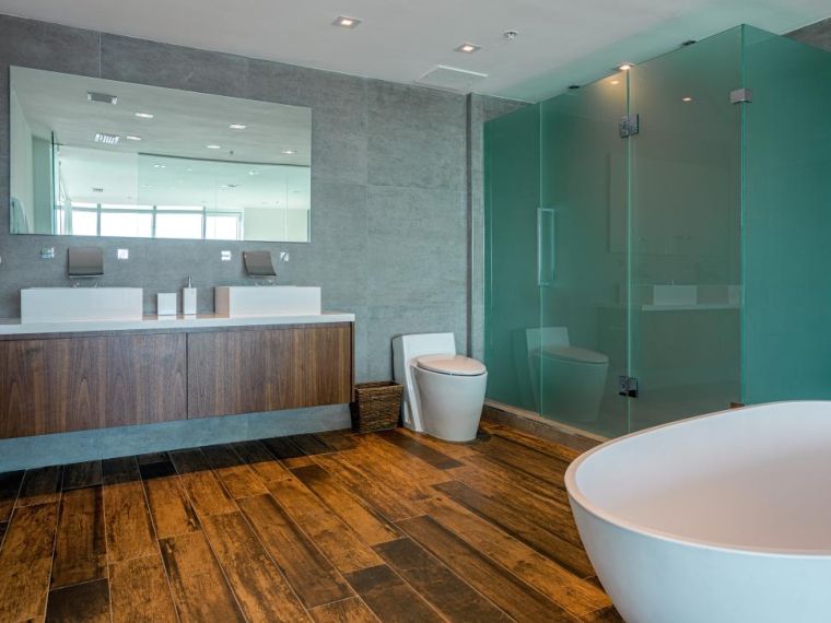 Gray bathroom model and wood slabs shower screen
