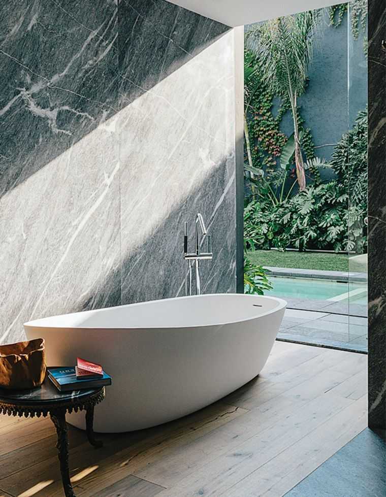 gray bathroom tile and wood