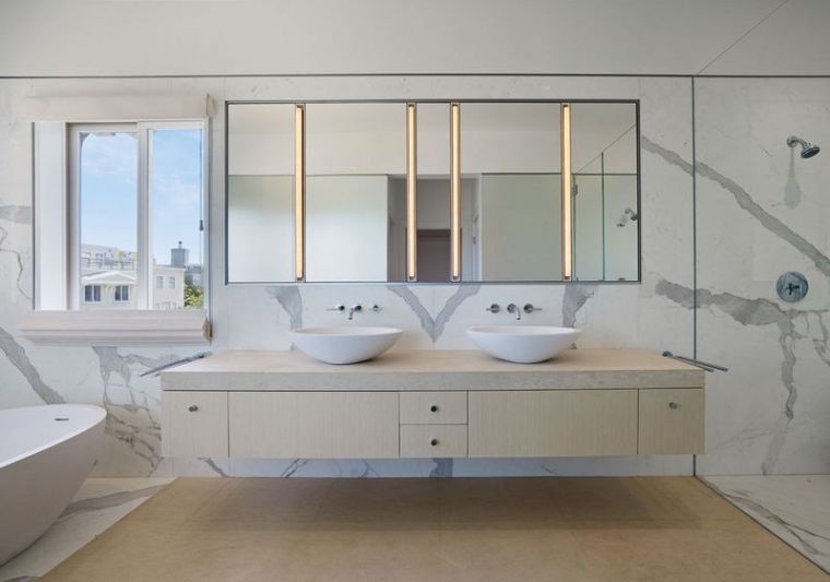 white marble bathroom tiles floating furniture