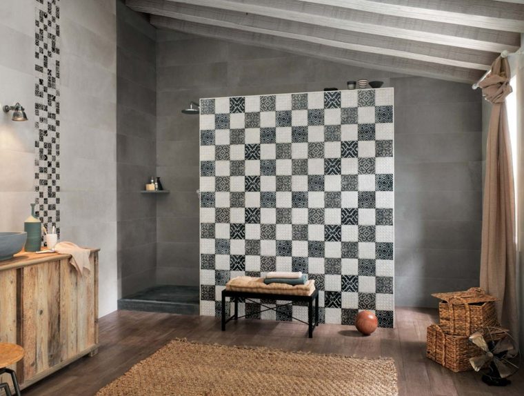 idea tile bathroom black white furniture wood floor rug stool