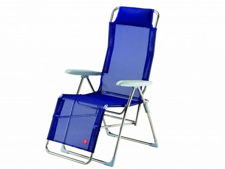 blue folding deck chair with footrest by fiam in Italy