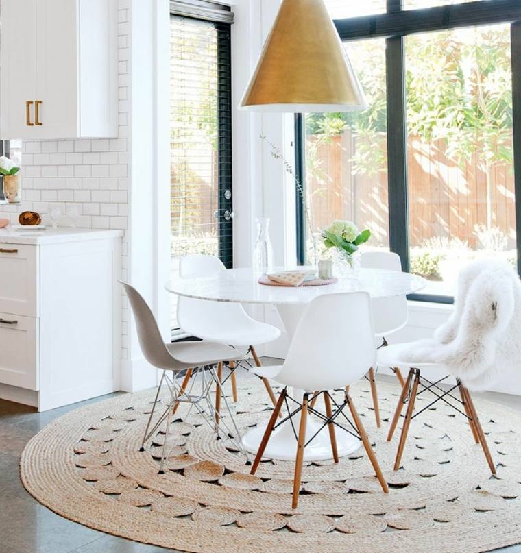 white scandinavian chair wood round dining table