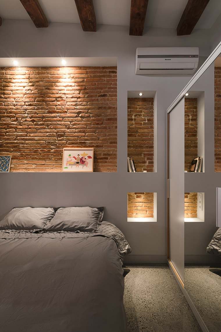 niche idea storage space bricks wall bedroom headboard