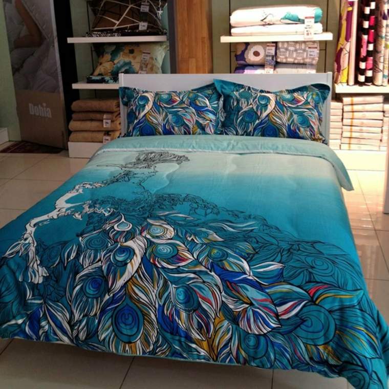 blue room duck bed blanket drawing feathers peacock